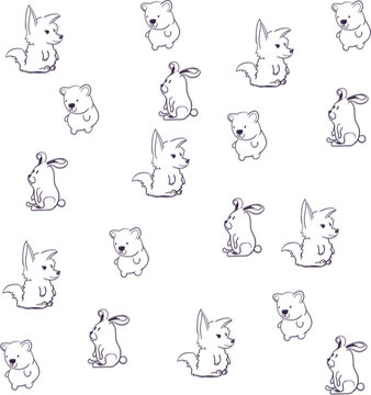Cartoon funny pattern with cute foxes, bears, rabbits and dogs. 