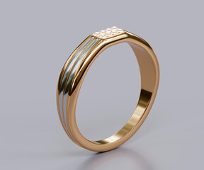 Gold ring with diamonds on a white background from a design with 3d render.