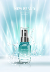 Cosmetics or skin care product ads with glass bottle,light blue and water background glittering light effect. vector design.
