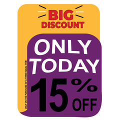 15 percent off. big discount for sales. Purple ballon on yellow background