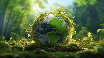 Obraz na płótnie Canvas Conceptual image of Earth globe with small growing plant. Generative AI.