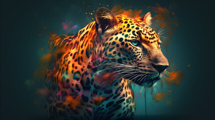 Fototapeta na wymiar beautiful art of the jaguar with many colors in front of it on dark background