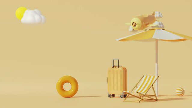 3D scene with the sun, clouds, swimming buoy, ball, plane, suitcase, umbrella and a beach folding chair moving from outside. Summer vacation concept