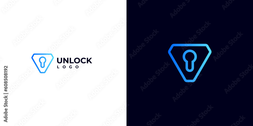 Poster logo for a Web3 Blockchain Development Agency. Unlock logo with V shield Keyhole. safety data logo.