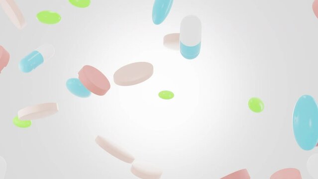 3d illustration of colorful and shaped pills are falling on light background. Scene used for cosmetic or dietary supplement advertising, to edit product video commercial