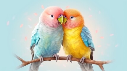 Two birds perched on a tree branch. Generative ai