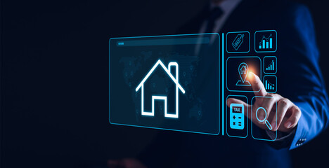 real estate investment concept, Real estate online on virtual screens. home search, land price, property tax, real estate market, buy house, location, energy efficiency rating and property value