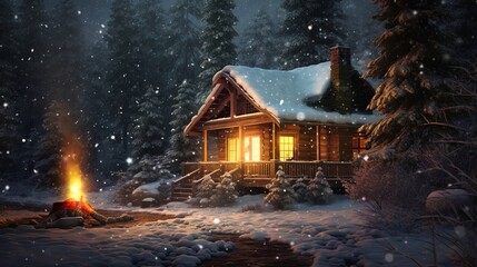A cozy winter cabin with a roaring fire surrounded by snowy trees. Generative ai - obrazy, fototapety, plakaty