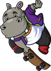 happy cute hippopotamus play skateboard