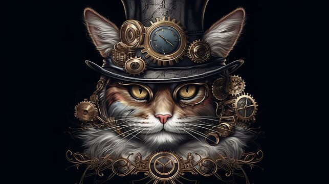 A steampunk hat-wearing cat. Generative ai