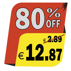 80% off, big sale discount, euro, red and yellow background, 80 percent price tag, vector, illustration, sale, symbol