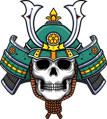 Green Skull Samurai warrior mask. Traditional armor of japanese warrior