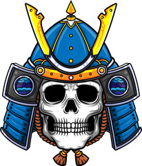 Blue Skull Samurai warrior mask. Traditional armor of japanese warrior