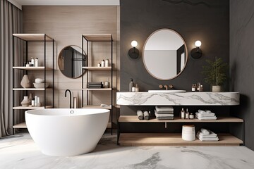 modern bathroom with a bathtub, sink, and mirror Generative AI