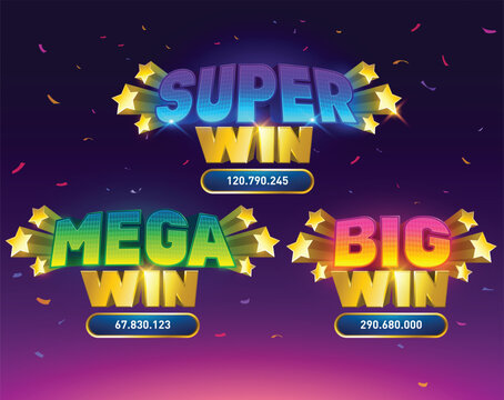 Big win. Mega win with retro sign pop up. Casino Achievement Text Banner. Slots games. playing cards. game assets. user interface. result screen. Vector illustration