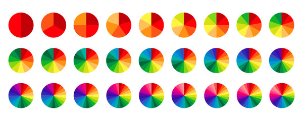 Multicolored circle sections collection. Pie charts diagrams in spectrum colors. Infographic round elements set. Pack of 2 to 28 slices and sectors. Process phases and stages of cycle. Vector 