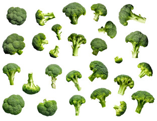 Pieces of broccoli from different angles on a transparent background, Generative ai