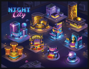 Futuristic night city. Isometric neon cityscape in the dark background. Map for game screen. Vector buildings landscape for UI interface