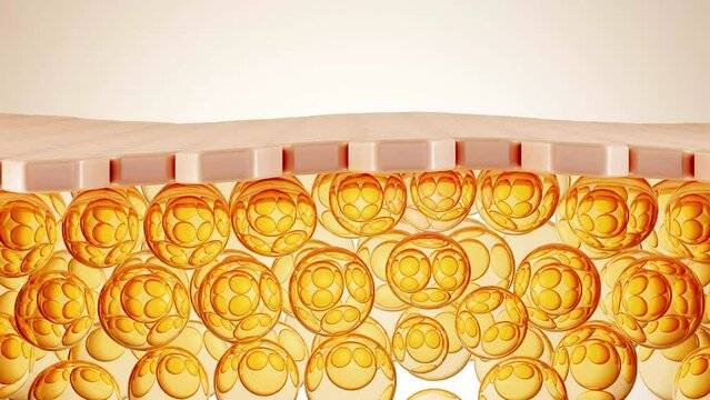 3d animation and rendering essence bubble vitamin drop into the skin layer to refresh anti aging beauty skin. Healing from collagen treatment and cosmetic rejuvenation therapy