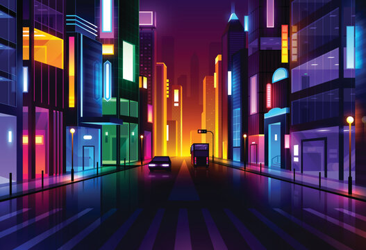 Futuristic night city. Cityscape on a dark background with bright and glowing neon lights. panorama with modern buildings and skyscrapers. Cyberpunk and retro wave style