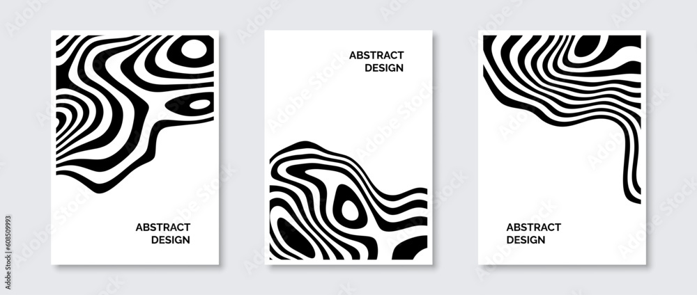Poster black and white wavy lines banner set. fluid undulate shapes posters pack. abstract universal curved