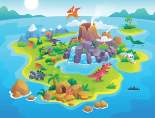 Muurstickers Game Map. jurassic period land garish for children. Dinosaur prehistoric island. Wild Natural. Uninhabited island. Vector background for game interface © Phichto