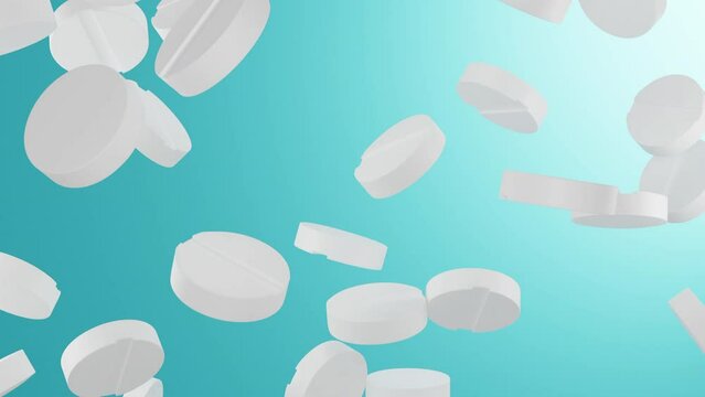 3d rendering of white round tablet pills are falling from the top on a blue background. Scene for advertising medicine or health supplements. Illustration.