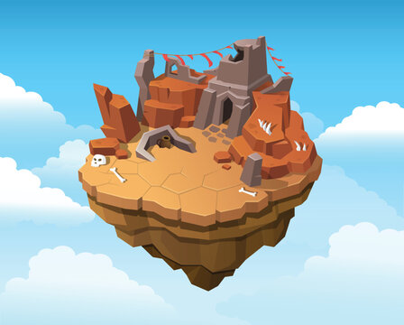 Isometric ruined temple islands for game UI, Vector illustration