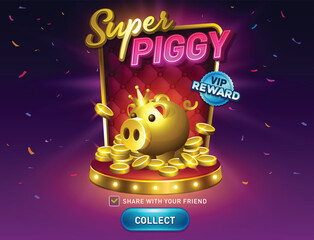 Piggy bank reward for casino game. Pig money box with golden coins. Vegas slot vector illustration. Game interfaces. Podium special offer pop up with coins and button
