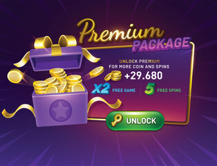 Premium Package game screen with unlock button. Gift Box opened. Interface GUI, mobile or web game