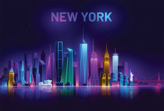 New York Skyline, America night city illuminated by neon lights, USA cityscape on a dark background horizontal banner © Phichto