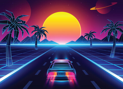 Retro futuristic back side view 80s supercar on trendy synthwave, vaporwave, sunset background. neon concept
