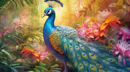 Fototapeta premium A majestic peacock surrounded by colorful flowers in a serene natural setting. Generative ai