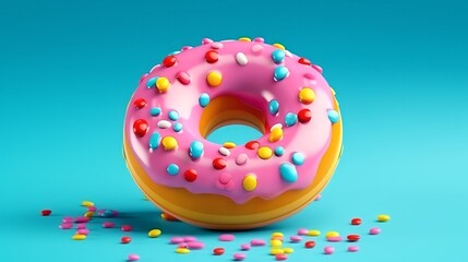 A pink donut with colorful sprinkles on a light blue background. Generative ai