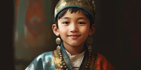 Uyghurs boy illustration by generative AI - obrazy, fototapety, plakaty