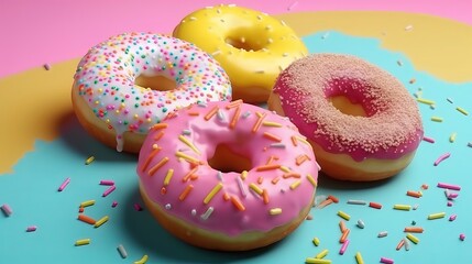 A colorful pile of donuts with rainbow sprinkles on top. Generative ai