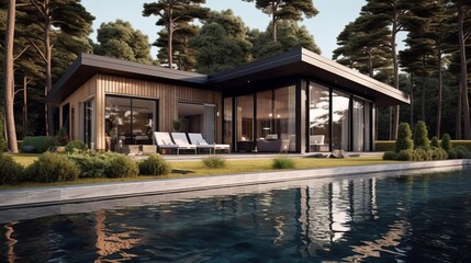 Fototapeta na wymiar A modern house with a luxurious pool in the foreground. Generative ai