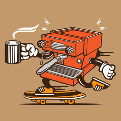 Coffee Machine Skater Mascot Vector Skateboarding Character Design