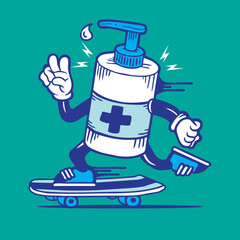 Hand Sanitizer Skater Mascot Vector Skateboarding Character Design