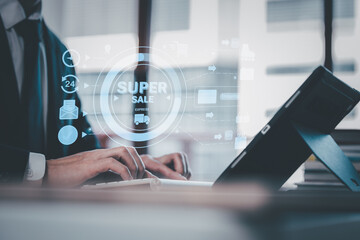 man using smartphone shopping online, shopping cart icon on screen mobile phone. purchase payment on internet. online supermarket gadget.