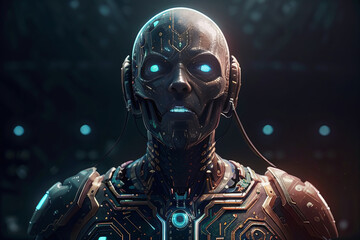 High Detailed with Elaborate Armor Cyborg with Blue Glowing Eyes Generative AI illustration