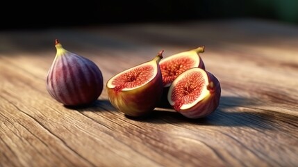 Three ripe figs on a rustic wooden table with blurred background. Generative ai
