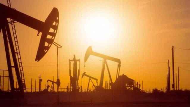 The sun rises behind a large oil field in California.