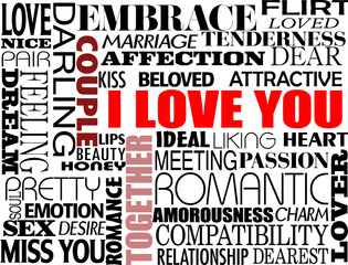 Abstract vector illustration with various love words written in different styles