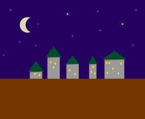 The stylized image of a night small city - five houses