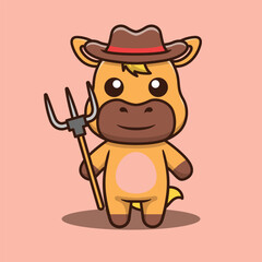 Cute horse cowboy mascot holding a hay hoe