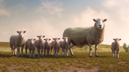 Obraz premium A flock of sheep grazing on a vibrant green pasture. Generative ai