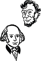 Two sketches of Abraham Lincoln and George Washington smiling.