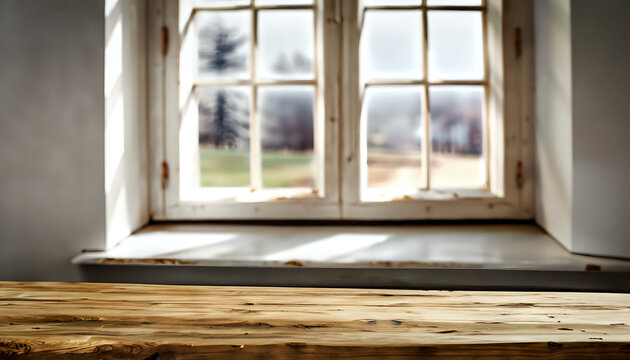 interior Desk, blurred old window in old home,wood table , AI generated 