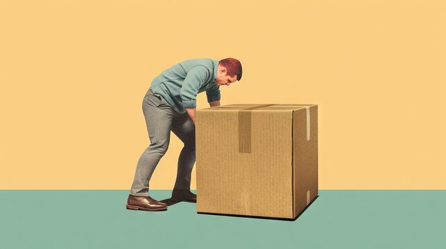 An individual straining to lift a very heavy box, depicting a strenuous physical effort and determination. Generative AI